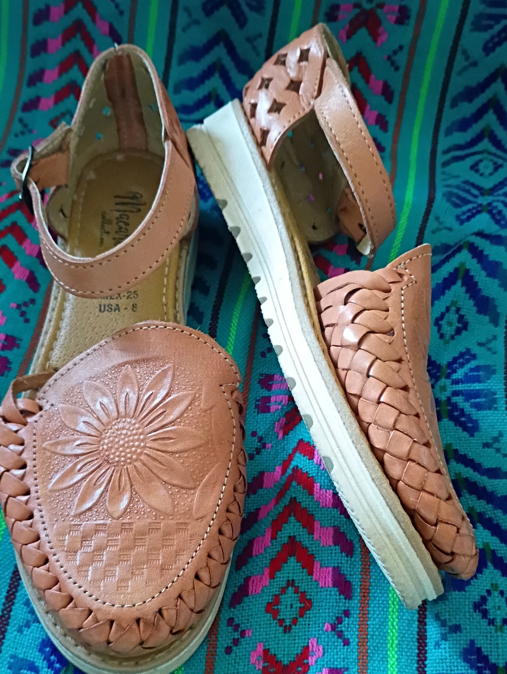 Macarena-Hurache Sandals-Sz 8-Tooled Leather Sunflower Woven Ankle  Strap Boho